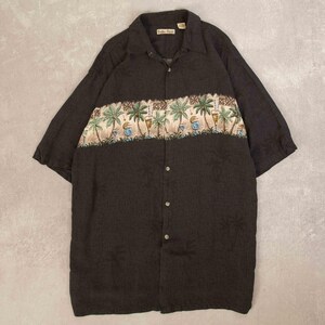 Chemise hawaïenne imprimée boisson tropicale vintage, grande corée des années 1980 pour homme, gris à motifs