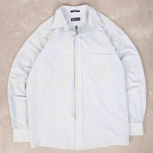 May include: A long-sleeved button-down shirt with vertical blue and white stripes. The shirt has a chest pocket and a button-down collar. The brand "Chaps" is visible on the label.