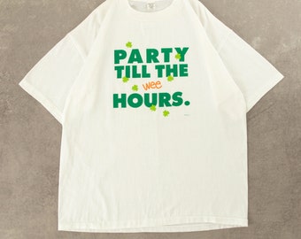 T-shirt vintage anni '90 "Party Till The Wee Hours" a punto singolo realizzata negli Stati Uniti XL bianca
