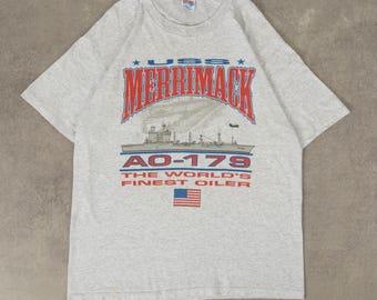 Vintage Hanes 90s Uss Merrimack Single Stitch Graphic T-Shirt L Mens Light Grey