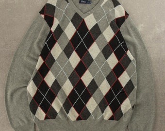 Vintage Checked Argyle Knitted Jumper Graphic Logo Large Grey