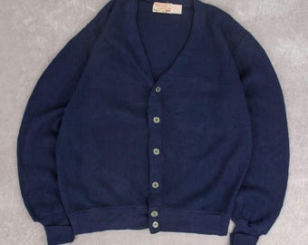 Vintage 80s Boxy Knitted Cardigan S Acrylic Made in USA Men's Navy Blue V-Neck