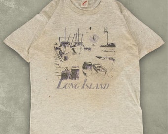 Vintage 1990s Long Island T-Shirt Graphic Logo Single Stitch Large Grey