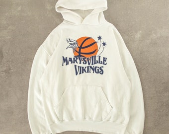 Vintage Russell Athletic Marysville Vikings Hooded Sweatshirt Large White