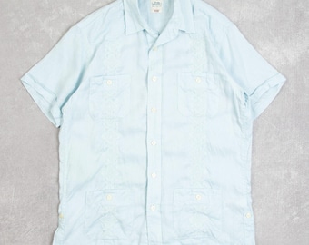 Vintage Linen Cuban Guayabera Shirt Medium Men's Blue Embroidered
