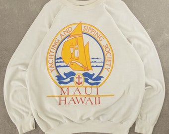 Grand sweat-shirt raglan Maui Hawaii vintage des années 1970, blanc