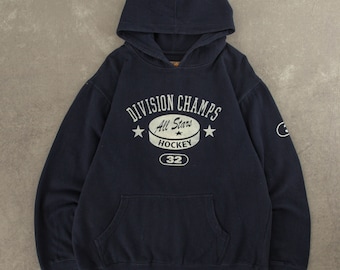 Vintage Division Champs Hockey Hooded Sweatshirt Large Blue