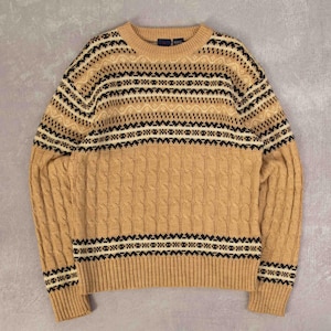 Suéter vintage de tricô Fair Isle Cable dos anos 80 M, acrílico, feminino, marrom claro