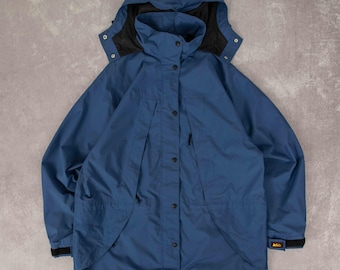 Vintage 90s Rei Gore-Tex Hooded Rain Jacket XL Women&#39;s Blue Outdoor