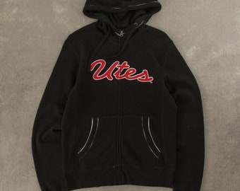 Vintage Y2K Utes Full Zip Hooded Sweatshirt Graphic Logo Small Black