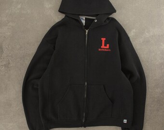 Vintage Russell Athletic L Baskeball Full Zip Hooded Sweatshirt Large Black