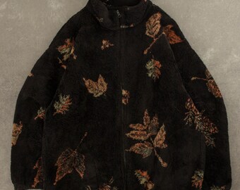 Vintage 1990s Leaf Printed Shaggy Fleece USA Made Small Black