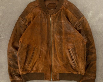 Vintage 1990s Leather Bomber Jacket XL Brown
