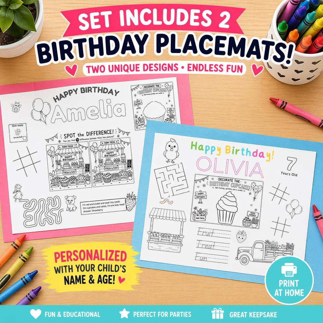 Birthday Coloring Placemat for Kids - 2 Designs | Personalized Farmer's ...