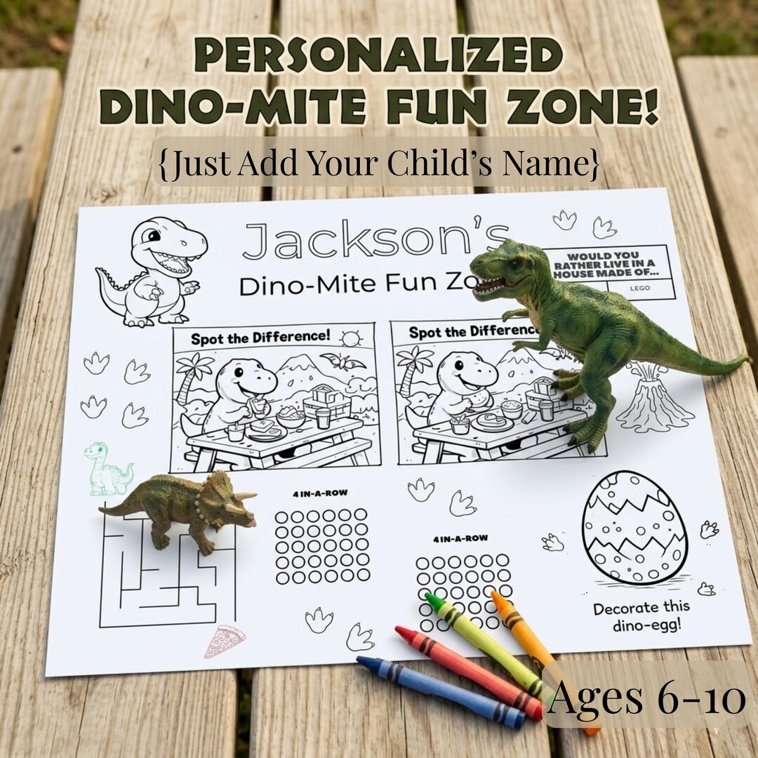 Personalized Dinosaur Activity Placemat, Kids Coloring Games Printable ...