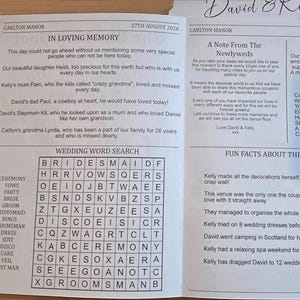May include: A wedding program with the names "David & Kelly" at the top. The program includes sections titled "In Loving Memory," "Wedding Word Search," "A Note From The Newlyweds," and "Fun Facts About The Wedding."