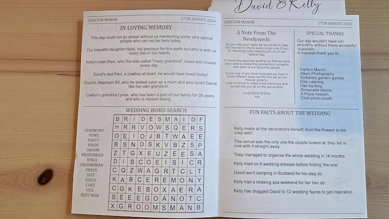 May include: A wedding program with the names "David & Kelly" at the top. The program includes sections titled "In Loving Memory," "Wedding Word Search," "A Note From The Newlyweds," and "Fun Facts About The Wedding."