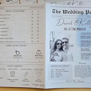 May include: Newspaper-style wedding announcement titled "The Wedding Post" with the names David & Kelly and a photo of the couple. Includes wedding party details, timeline, and guest awards. Printed on white paper.
