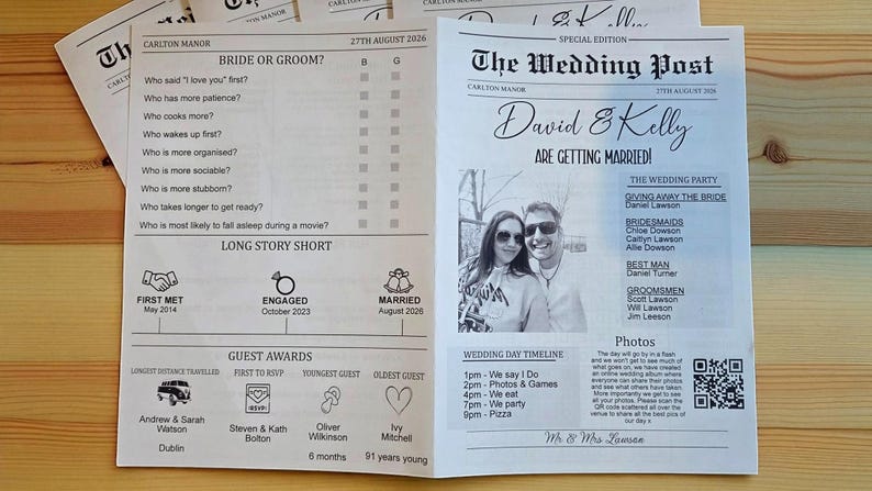 May include: Newspaper-style wedding announcement titled "The Wedding Post" with the names David & Kelly and a photo of the couple. Includes wedding party details, timeline, and guest awards. Printed on white paper.