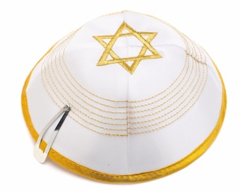 White Satin Gold Star Of David Embroidery Yarmulke Kippah Cupples Jewish Kippa Hat Judaica Kipa Free Hair Clip Included 20 cm