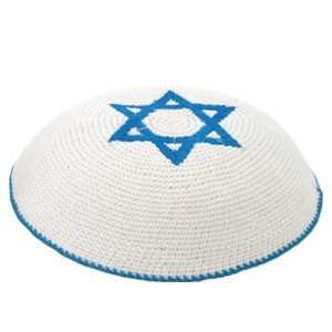 Knitted Cotton Blue Star Of David Yarmulke Kippah Cupples Jewish Kippa Hat Judaica Kipa White