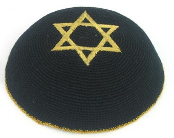 Knitted Cotton Gold Star Of David Yarmulke Kippah Cupples Jewish Kippa Hat Judaica Kipa Black