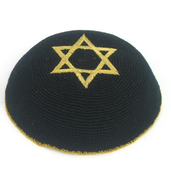 Knitted Cotton Gold Star Of David Yarmulke Kippah Cupples Jewish Kippa Hat Judaica Kipa Black