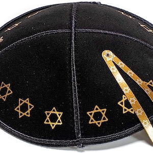 Black Gold Star Of David Suede Yarmulke Kippah Cupples Jewish Kippa Hat Judaica Kipa Lether 16 cm + Free Hair Clip