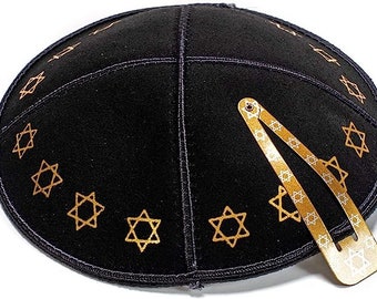 Black Gold Star Of David Suede Yarmulke Kippah Cupples Jewish Kippa Hat Judaica Kipa Lether 16 cm + Free Hair Clip