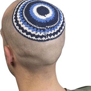 Knitted Cotton Yarmulke Kippah Cupples Jewish Kippa Hat Judaica Kipa Blue Black White image 2