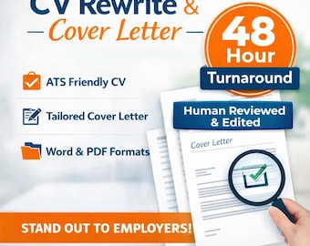 以下が含まれることがあります： 履歴書とカバーレターの書き換えサービスの広告。画像には「CV Rewrite & Cover Letter」と「48 Hour Turnaround」というテキストが表示されています。追加のテキストには、「ATS Friendly CV」、「Tailored Cover Letter」、「Word & PDF Formats」が含まれています。
