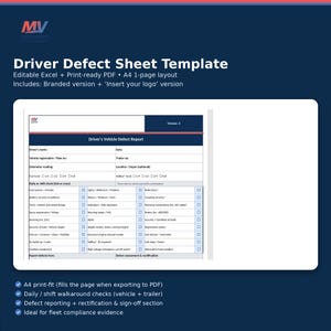 Könnte beinhalten: Eine weiße Driver Defect Sheet Template mit blauem und rotem Header. Die Vorlage enthält Abschnitte für Fahrzeuginformationen, tägliche Kontrollen und Fehlerberichte. Der Text enthält "Driver's Vehicle Defect Report" und "Insert your logo".