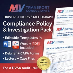 Förartider och policy för efterlevnad av färdskrivare + Paket för utredning av överträdelser | Förartillstånd för tunga fordon | Mallar för DVSA-revision (Word/PDF)