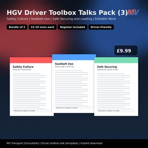 HGV Driver Toolbox Talks Pack (3) | Safety Culture | Seatbelt Use | Safe Securing and Loading | Editable Word | Register Included