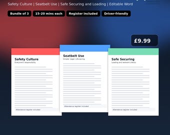May include: A pack of three HGV Driver Toolbox Talks templates. The titles are Safety Culture, Seatbelt Use, and Safe Securing. Each talk is 15-20 minutes long and includes a register. The text "HGV Driver Toolbox Talks Pack (3)MV" is at the top.