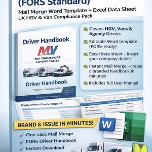 May include: A Driver Handbook Template (FORS Standard) product image. The cover features a handbook with the MV Transport Consultants logo and images of trucks. Additional text includes "Brand & Issue in Minutes!" and bullet points.