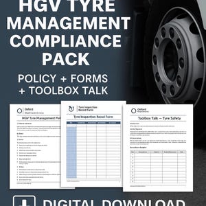 Può includere: Download digitale intitolato "HGV Tyre Management Compliance Pack". L'immagine mostra documenti: politica, moduli e un toolbox talk sulla sicurezza degli pneumatici. Uno pneumatico di camion è visibile sullo sfondo.