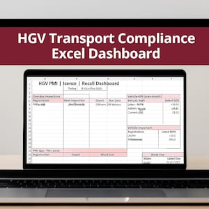 May include: A laptop screen shows an Excel dashboard labelled "HGV Transport Compliance Excel Dashboard." The spreadsheet displays data fields for inspections, licenses, and recalls, with a maroon header. The laptop is on a wooden surface.