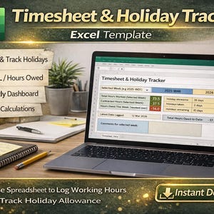 Könnte beinhalten: Ein Laptop zeigt eine Excel-Vorlage für Arbeitszeit- und Urlaubserfassung. Der Bildschirm zeigt Felder für Arbeitsstunden, Urlaubsanspruch und weitere Daten. Ein Notizbuch, ein Bleistift und eine Tasse sind ebenfalls zu sehen. Der Text auf dem Bildschirm lautet "Timesheet & Holiday Tracker".