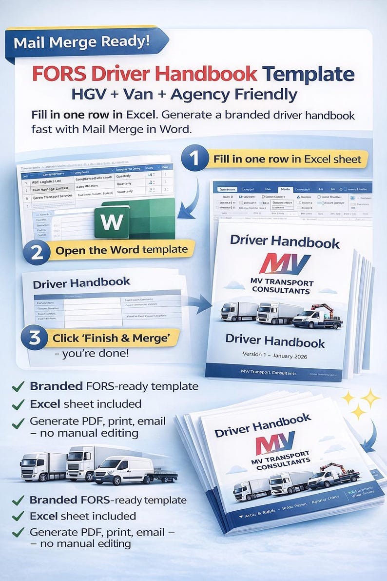 Driver Handbook Template (FORS Standard) | HGV + Van + Agency Drivers ...