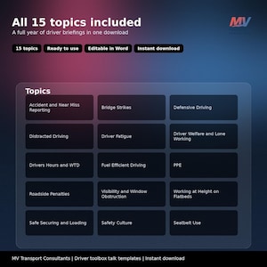 Op de afbeelding: Een digitale afbeelding met de tekst "All 15 topics included" en "A full year of driver briefings in one download." De afbeelding bevat 15 onderwerpen, waaronder "Accident and Near Miss Reporting" en "Defensive Driving."