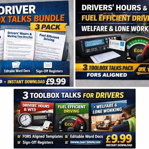 May include: A bundle of three HGV driver toolbox talks, including topics on driver welfare, working time, and fuel-efficient driving. The image features documents and graphics related to the topics, with the text "FORS ALIGNED" and "INSTANT DOWNLOAD".