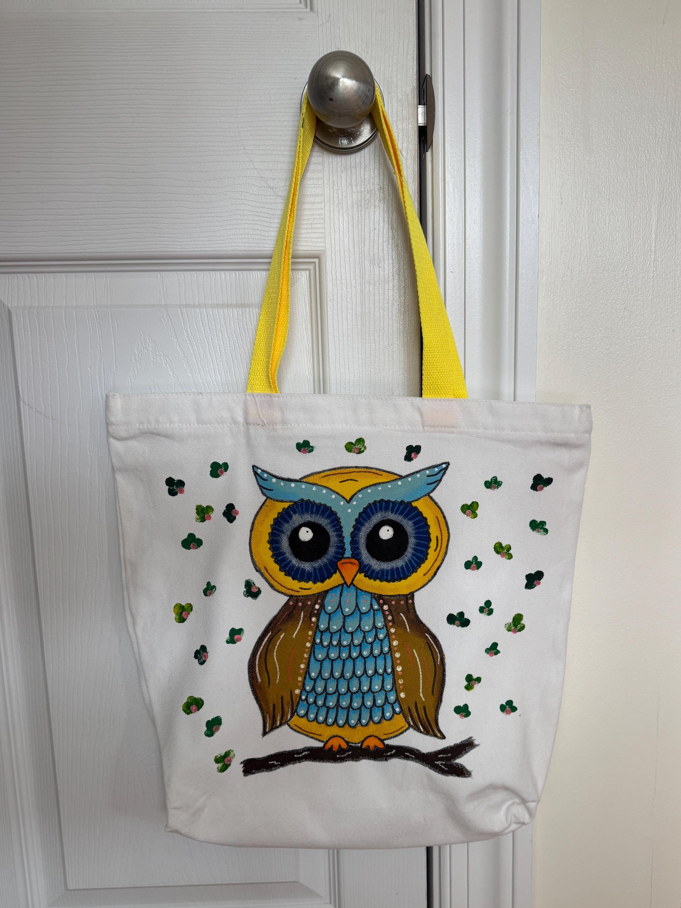 Hand-painted Canvas Owl Tote Bag with Zipper, 15"x15"x4"
