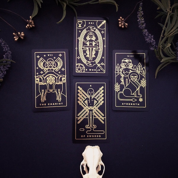 Jeu de tarot fil d'or - Cartes de tarot en plastique noir estampées de feuille d'or, jeu de tarot pour débutant