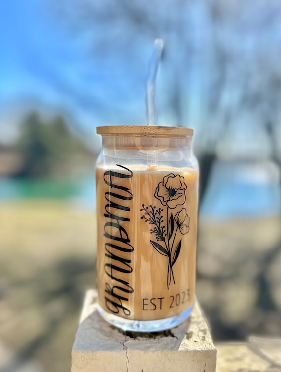 Custom Grandma Coffee Glass Cup With Bamboo Lid and Glass Straw