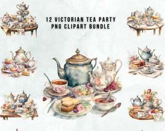 Watercolour Victorian Tea Party Clipart - Set of 12 PNG Images for DIY Crafts and Invitations | Vintage Tea Party Clipart | Instant Download