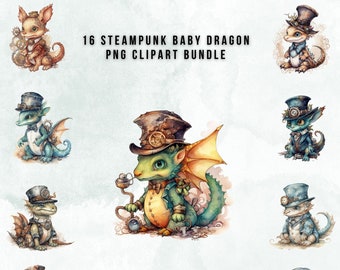Baby Dragon Clipart Bundle - Watercolor Steampunk Baby Dragon Clipart for Commercial and Personal Use -  Instant Download
