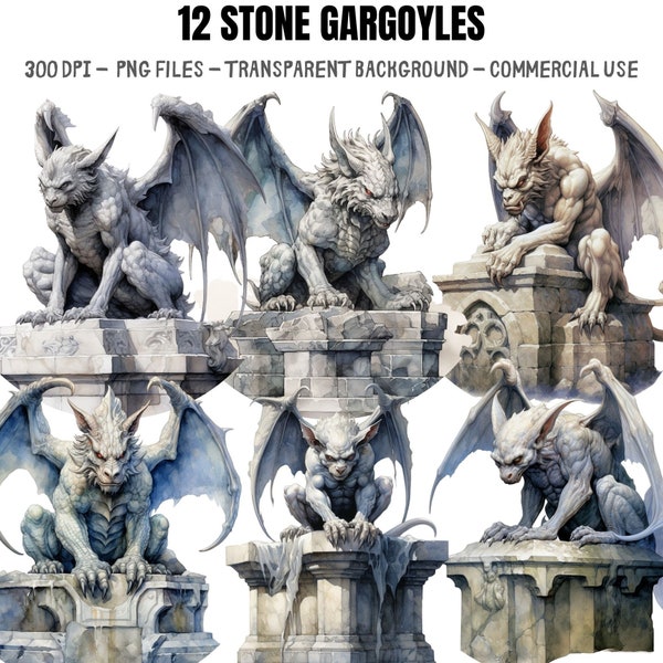 Watercolor Stone Gargoyle Clipart,vintage gothic, gothic clipart, gothic architecture, horror clipart, cemetery clipart, spooky clipart