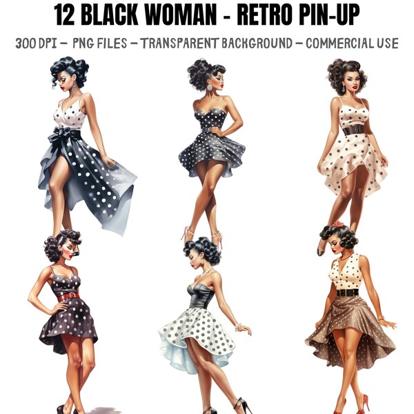 Watercolor Black Woman Clipart, Retro Pin-Up, black girl clipart,fashion clipart,fashion girl clipart,watercolor clipart,black woman clipart