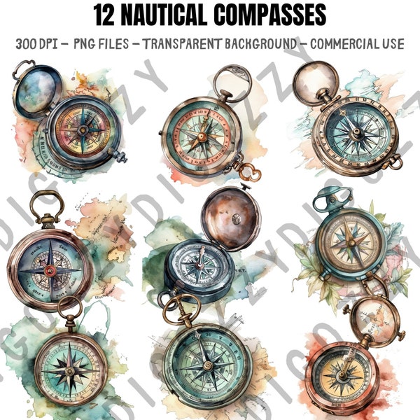 Vintage Nautical Compass Clipart, Watercolor Compasses ,Compass Clip Art, Explorer Clipart, Commercial Use, digital download, Compass splash